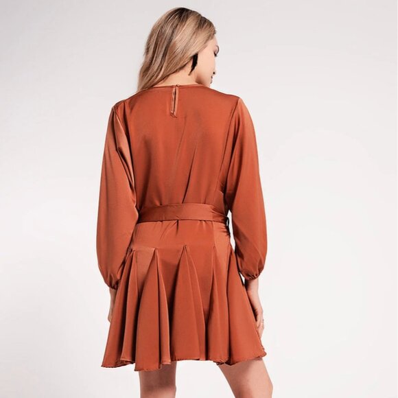 Satin Mini Dress With Belt in Orange - Picture 5 of 5